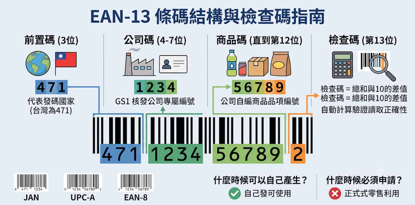 EAN-13 條碼是什麼?13 位數字的結構、檢查碼與產生方式一次搞懂